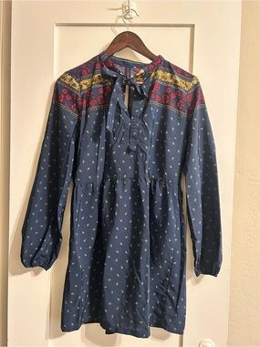 Madewell Navy Long-Sleeve Floral Yoke Tie-Neck Dress